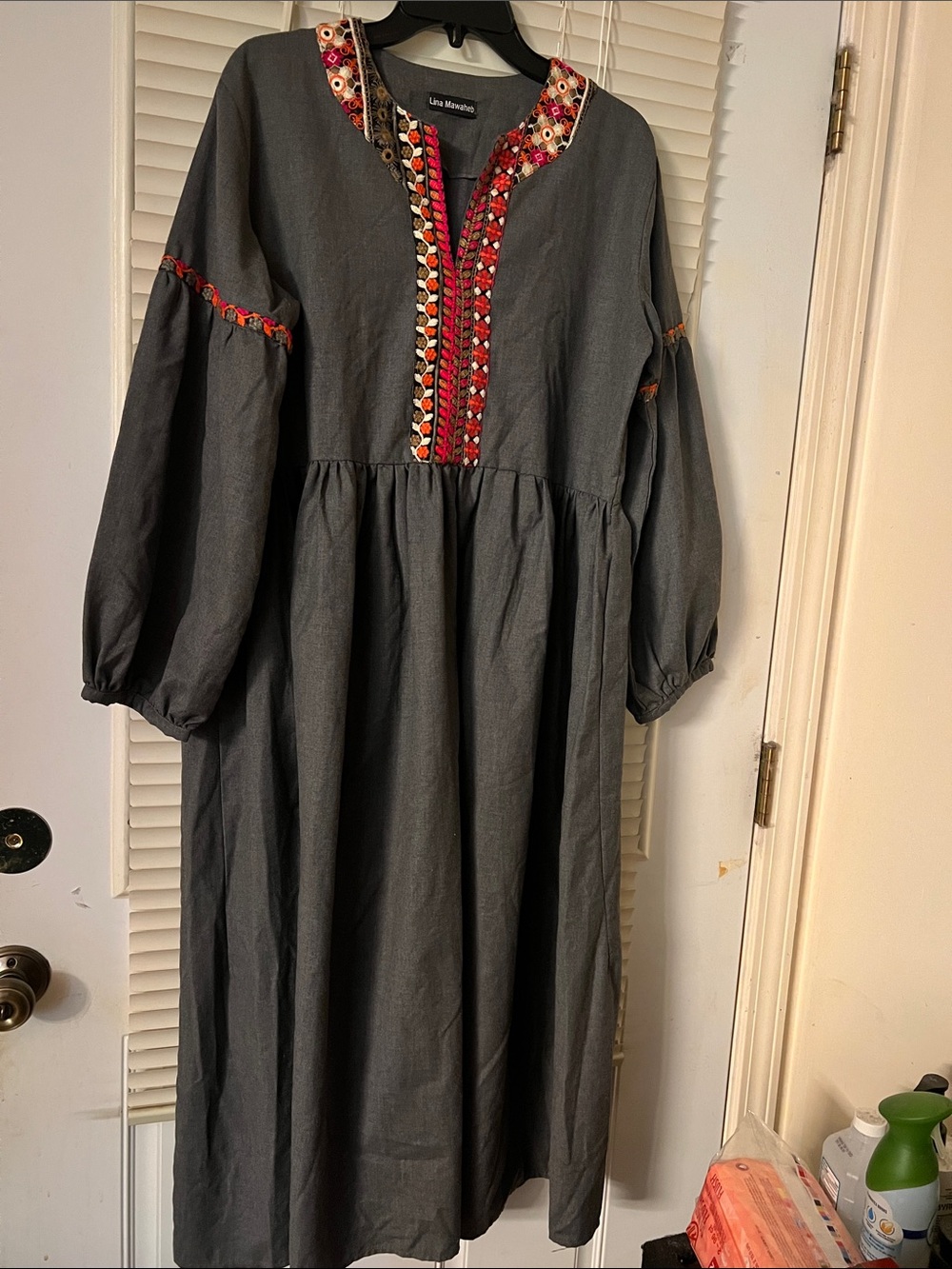 Embroidered Dark Gray Maxi Dress with Puff Sleeves. L/XL
